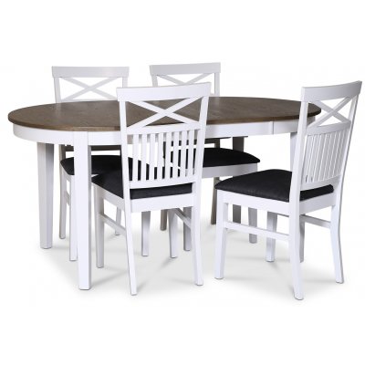 Skagen matgrupp; matbord 160/210x90 cm - Vit / brunoljad ek med 4 st Skagen stolar med kryss, grått tyg