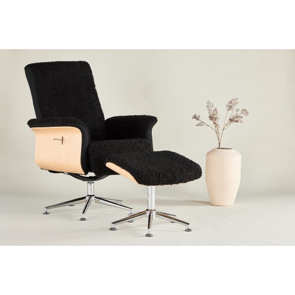 Hagn reclinerftlj med fotpall - Svart/oljad ek + Textilrengring fr mbler