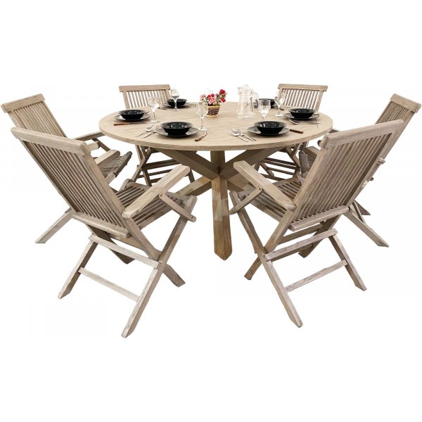 Salt utematgrupp runt 150 cm bord med 6 st matstolar med armstd - Gr teak