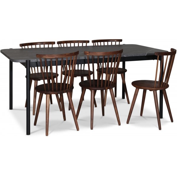 Wayne matgrupp 180x90 cm inkl. 6 st Castor valnt pinnstolar - Gr marmorfoliering
