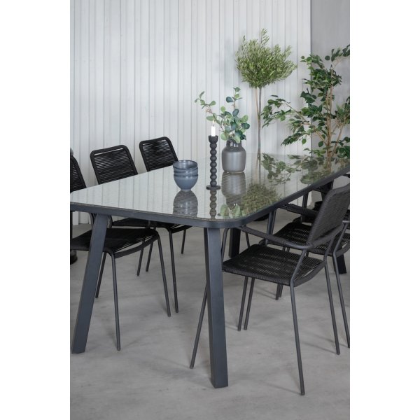 Paola utematgrupp med 6 st Lindos karmstolar - Svart Paola utematgrupp med 6 st Lindos karmstolar - Svart