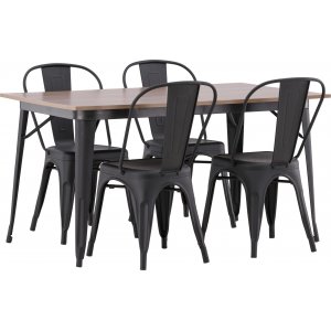 Tempe eetgroep, stalen tafel met 4 stalen stoelen - Zwart/walnoot