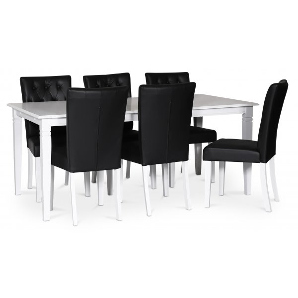 Sandhamn-voedselgroep; Tafel van 180x95 cm met 6 Crocket eetkamerstoelen in zwart PU + 6.00 x Servetringen