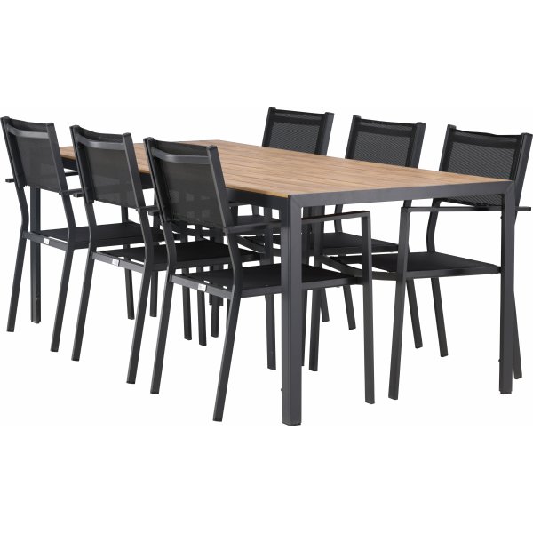 Chania matgrupp; 6 st stolar med bord 205 x 90 cm - Svart/natur Chania matgrupp; 6 st stolar med bord 205 x 90 cm - Svart/natur