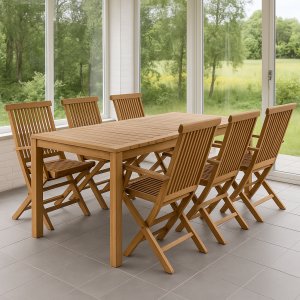 Utegrupp: 6 stolar och matbord 210 x 90 cm teak - Saltö Utegrupp: 6 stolar och matbord 210 x 90 cm teak - Saltö