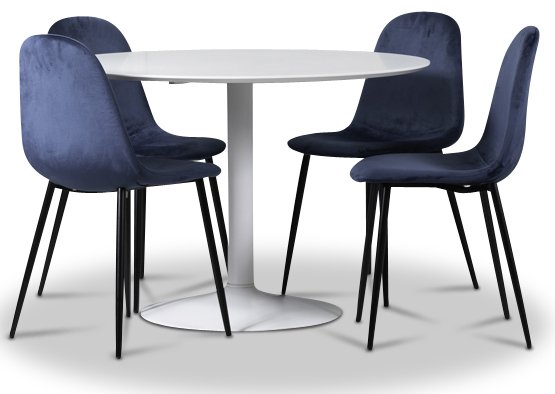 Seat matgrupp, runt matbord med 4 st Carisma sammetsstolar - Vit/Blå Seat matgrupp, runt matbord med 4 st Carisma sammetsstolar - Vit/Blå