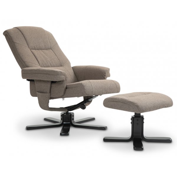 Oslo reclinerfåtölj med pall i mörkbeige tyg Oslo reclinerfåtölj med pall i mörkbeige tyg
