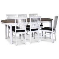 Skagen matgrupp; matbord 160/210x90 cm - Vit / brunoljad ek med 6 st Fårö stolar med svart PU-sits Skagen matgrupp; matbord 160/210x90 cm - Vit / brunoljad ek med 6 st Fårö stolar med svart PU-sits