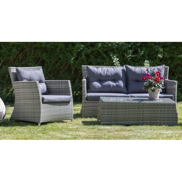 Ballingsl�v Lyx utegrupp: soffa, f�t�ljer och bord - Ljusgr� konstrotting