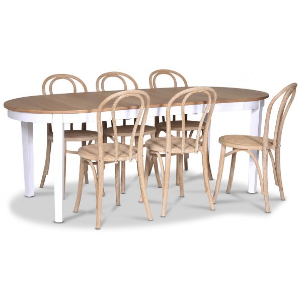 Fr matgrupp; Ovalt matbord 160-210 cm - Vit / Oljad Ek med 6 st Danderyd No.18 matstolar Whitewash