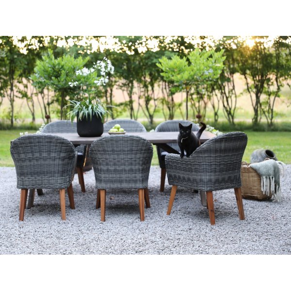 Groupe de restauration en plein air d\\\'Oxford; table beige 220 cm avec 6 fauteuils Valetta rotin artificiel gris Groupe de restauration en plein air d\\\'Oxford; table beige 220 cm avec 6 fauteuils Valetta rotin artificiel gris
