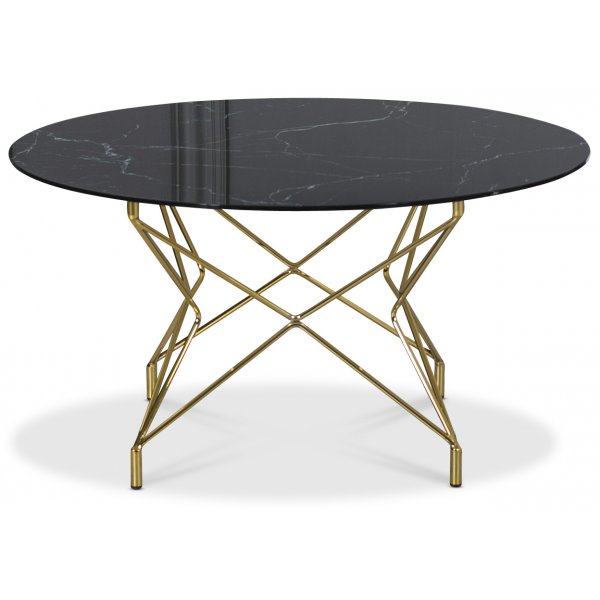 Soffbord Star 90 cm - Svart marmorerat glas / mssingsfrgat underrede