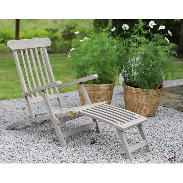 Salt dckstol med inbyggt fotstd - Gr teak + Textilskydd fr mbler