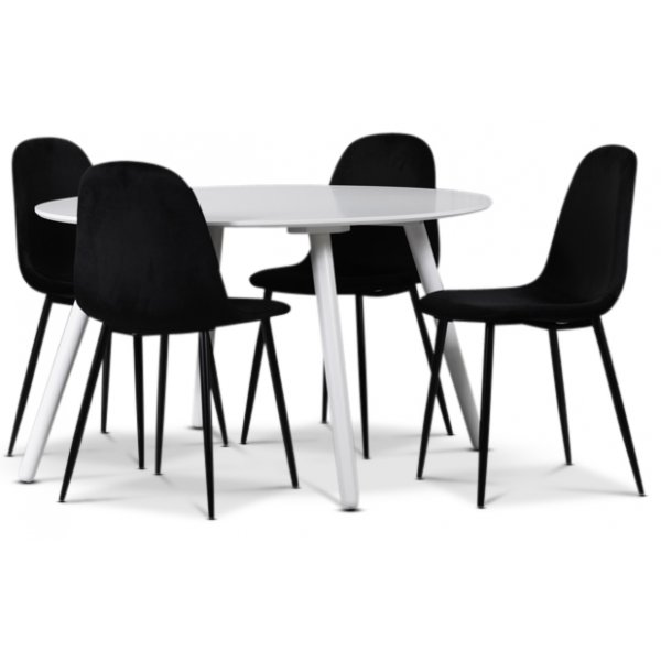 Groupe à manger Rosvik, table à manger avec 4 chaises en velours Carisma - Blanc/Noir Groupe à manger Rosvik, table à manger avec 4 chaises en velours Carisma - Blanc/Noir