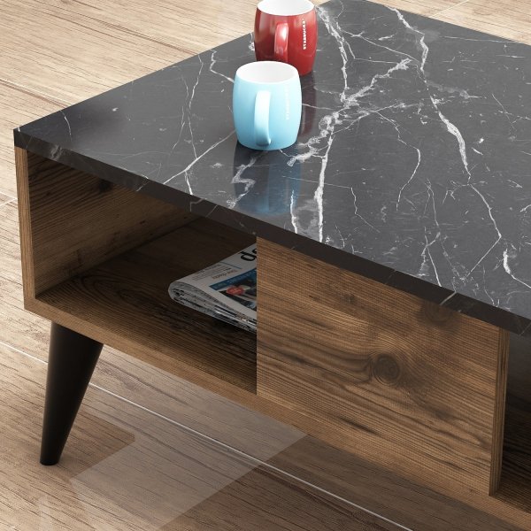 Table basse Lidya 90 x 54 cm - Noyer/marbre Table basse Lidya 90 x 54 cm - Noyer/marbre