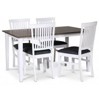 Skagen matgrupp; klassiskt matbord 140x90 cm - Vit / brunoljad ek med 4 st Fårö stolar (Ribbor i ryggen) med grå tygsits Skagen matgrupp; klassiskt matbord 140x90 cm - Vit / brunoljad ek med 4 st Fårö stolar (Ribbor i ryggen) med grå tygsits