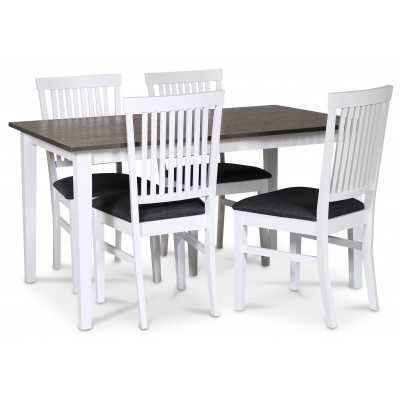 Skagen matgrupp; klassiskt matbord 140x90 cm - Vit / brunoljad ek med 4 st Fårö stolar (Ribbor i ryggen) med grå tygsits