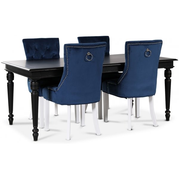 Paris matgrupp svart bord med 4 st Tuva Decotique stolar i blå sammet Paris matgrupp svart bord med 4 st Tuva Decotique stolar i blå sammet