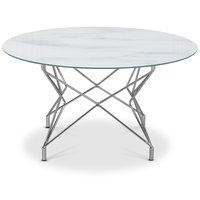 Soffbord Star 90 cm - Vitt marmorerat glas / Kromat underrede Soffbord Star 90 cm - Vitt marmorerat glas / Kromat underrede