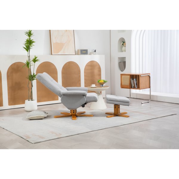 Fauteuil réglable Duva avec repose-pieds et rangement - Tissu gris et pieds en bois Fauteuil réglable Duva avec repose-pieds et rangement - Tissu gris et pieds en bois