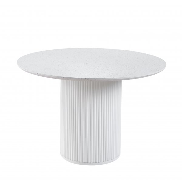 Matgrupp Sand� matbord �120cm i vit terazzo med 4st Delta matstol i brun vintage