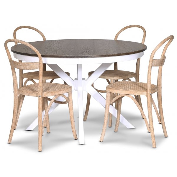 Skagen matgrupp; runt matbord 120 cm - Vit / brunbetsad ek med 4 st Danderyd No.16 stolar Whitewash