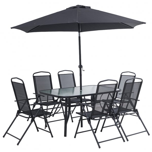 Matgrupp; bord med 6 st positionsstolar och parasoll