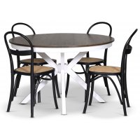 Skagen matgrupp; runt matbord 120 cm - Vit / brunbetsad ek med 4 st Danderyd No.16 stolar Svart Skagen matgrupp; runt matbord 120 cm - Vit / brunbetsad ek med 4 st Danderyd No.16 stolar Svart