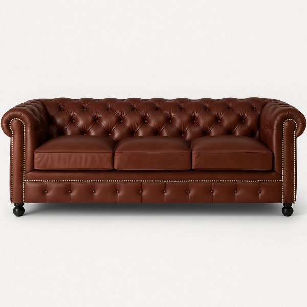 Soffa Chesterfield 3-sits i brunt Skinn + Textilskydd fr mbler