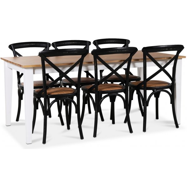 Groupe repas Dalarö table 180 cm blanc/chêne + 6 chaises Gaston noir Groupe repas Dalarö table 180 cm blanc/chêne + 6 chaises Gaston noir