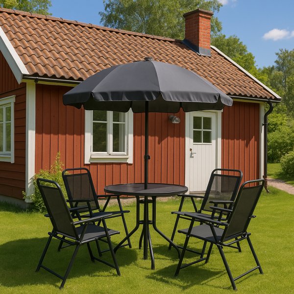 Utegrupp; bord + 4 stolar + parasoll Utegrupp; bord + 4 stolar + parasoll