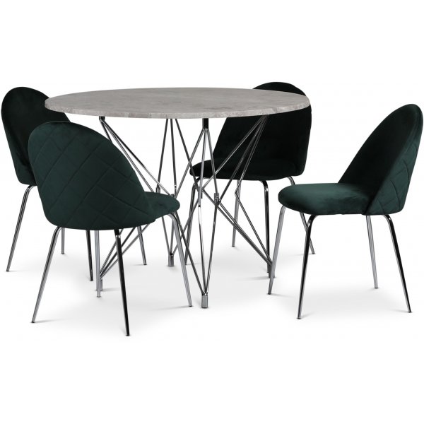 Zoo matgrupp 105 cm inkl. 4 st Plaza velvet stolar - Krom / Silver marmor