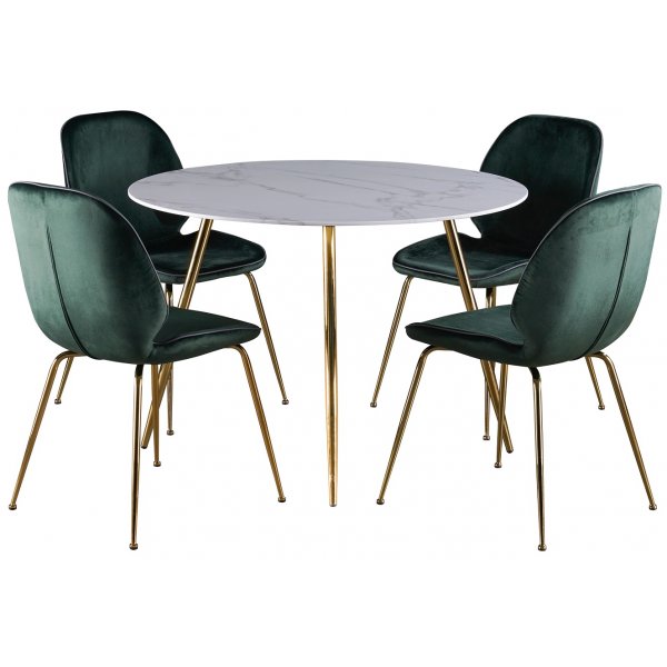Deco matgrupp 110 cm runt bord + 4 st Deco stolar grn sammet / Mssing