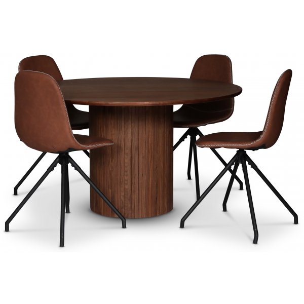 Nova matgrupp; runt matbord 130 cm, valnt + 4 st Bridge matstolar snurrbara, Brun vintage PU