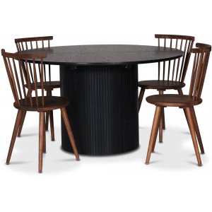 Groupe repas Nova, table  manger extensible 130-170 cm avec 4 chaises cannes Castor - Chne teint noir