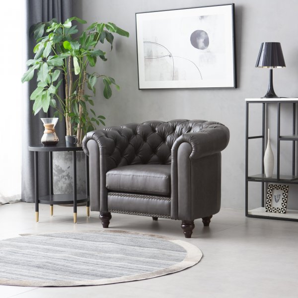 Fauteuil Royal Chesterfield en cuir artificiel marron foncé + Détachant pour meubles Fauteuil Royal Chesterfield en cuir artificiel marron foncé + Détachant pour meubles