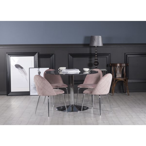 Plaza matgrupp, marmorbord med 4 st Plaza sammetsstolar - Rosa/Gr/Krom