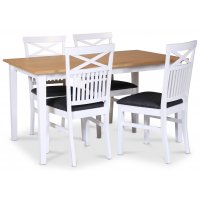 Fårö matgrupp; matbord 140x90 cm - Vit / oljad ek med 4 st Fårö matstolar med grå tygsits Fårö matgrupp; matbord 140x90 cm - Vit / oljad ek med 4 st Fårö matstolar med grå tygsits