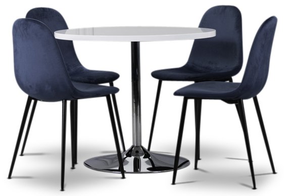 Tiana matgrupp, runt matbord med 4 st Carisma sammetsstolar - Vit/Blå Tiana matgrupp, runt matbord med 4 st Carisma sammetsstolar - Vit/Blå