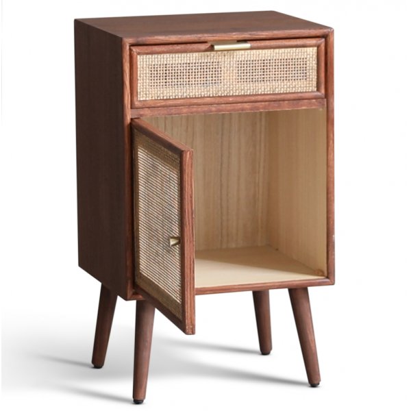 Nachtkastje walnoot/rotan 71 cm hoog