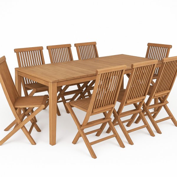 Matgrupp med 8 stolar och matbord 210 x 90 cm massiv teak - Salt