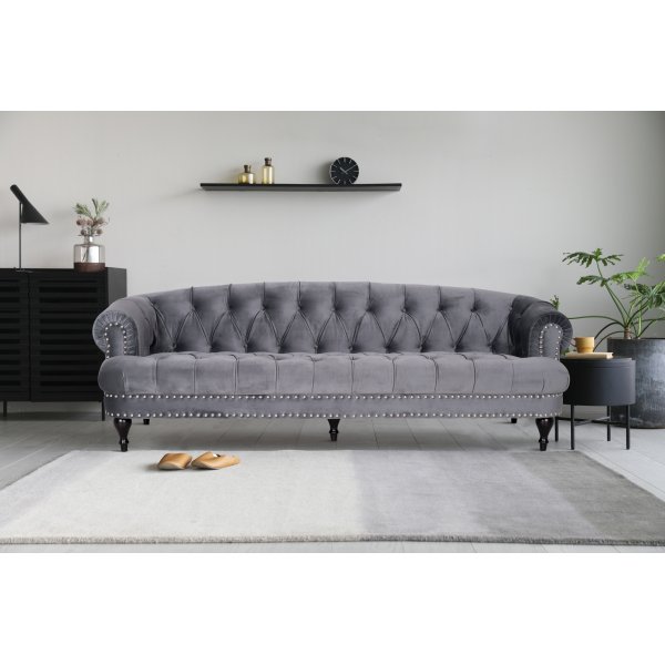 Soffa 3-sits chesterfield gr sammet