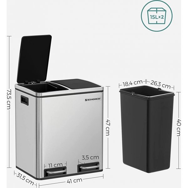 Poubelle Daloa 35 l - Argent/noir