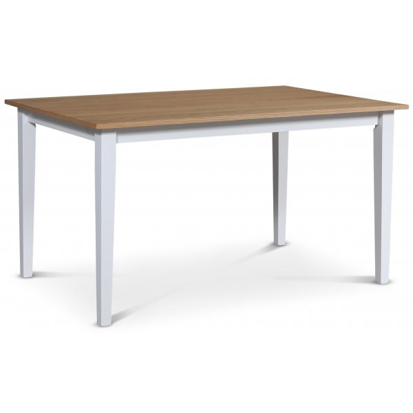 Fårö matgrupp; matbord 140x90 cm - Vit / oljad ek med 4 st Fårö matstolar med ribbor i ryggen, sits i grått tyg Fårö matgrupp; matbord 140x90 cm - Vit / oljad ek med 4 st Fårö matstolar med ribbor i ryggen, sits i grått tyg