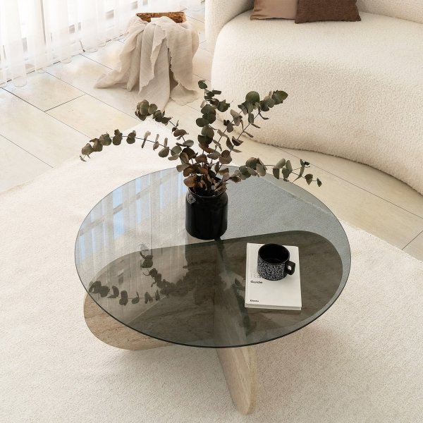 Table basse Bubble Ø75 cm - Travertin/verre fumé Table basse Bubble Ø75 cm - Travertin/verre fumé