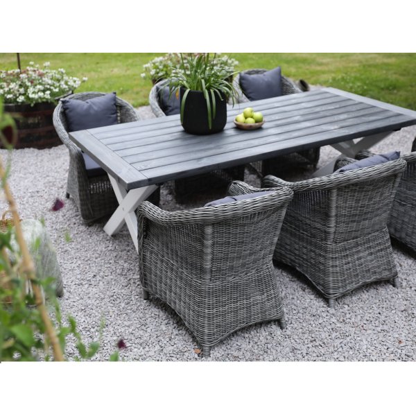 Oxford utematgrupp; grå/vit bord 220 cm inkl 6 st Mercury fåtöljer grå konstrotting Oxford utematgrupp; grå/vit bord 220 cm inkl 6 st Mercury fåtöljer grå konstrotting