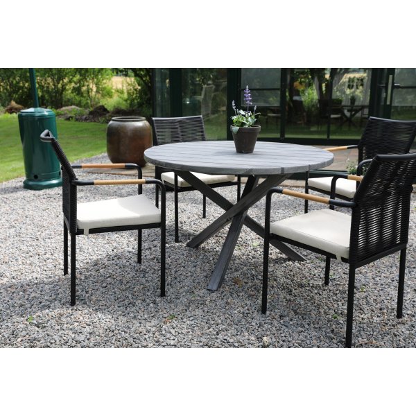 Scottsdale utematgrupp runt bord med 4 st Skanör karmstolar - Svart/Grå/Teak + Textilrengöring för möbler Scottsdale utematgrupp runt bord med 4 st Skanör karmstolar - Svart/Grå/Teak + Textilrengöring för möbler