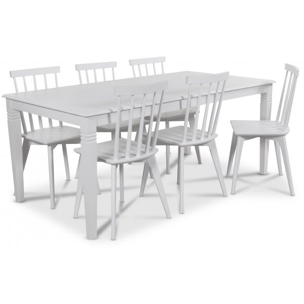 Mellby matgrupp 180 cm bord med 6 st vita Linköping Pinnstolar