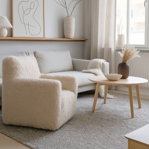 Fåtölj fluffig beige tygklädsel Fåtölj fluffig beige tygklädsel