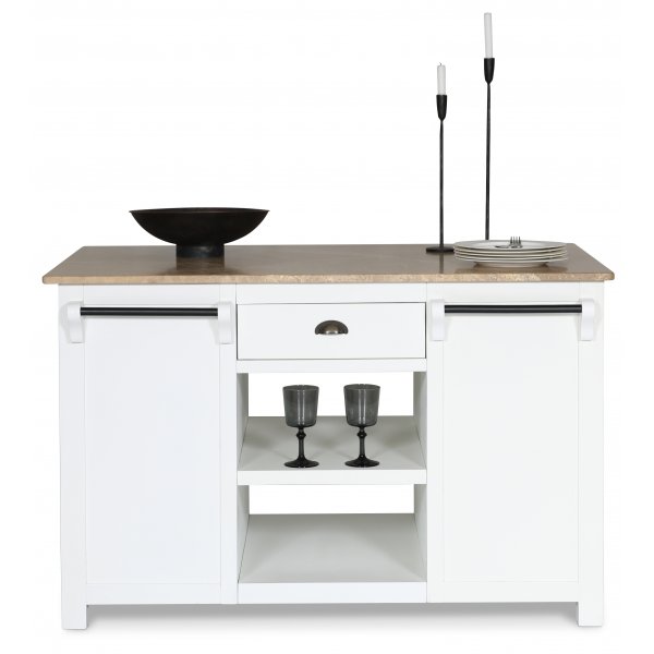 Heritage Keukeneiland met marmeren blad - Wit frame / Lichtbruin Emprador marmer